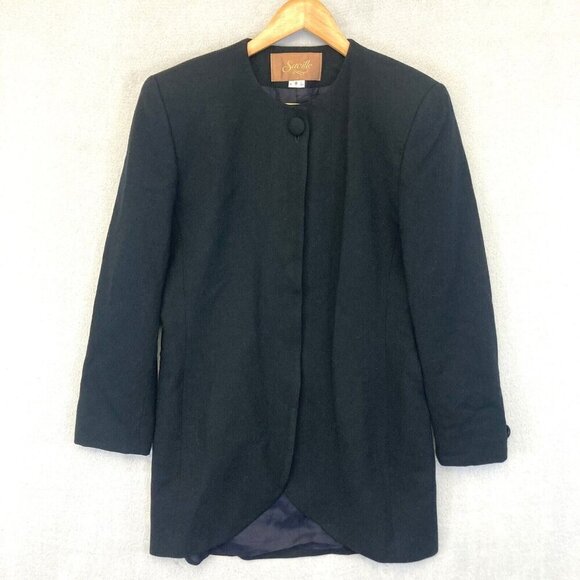 Vintage Saville 100% Wool Long Blazer Jacket Womens 8 Black Office Collarless - Picture 1 of 16